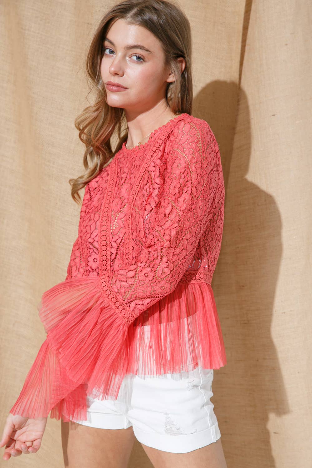 Lace Chiffon Contrast Accordion Pleated Blouse