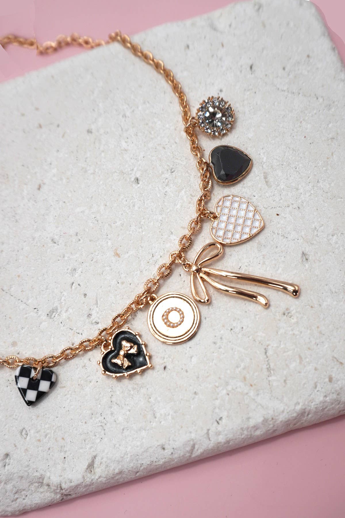 CHARM BOW CHECKER HEART RHINESTONE