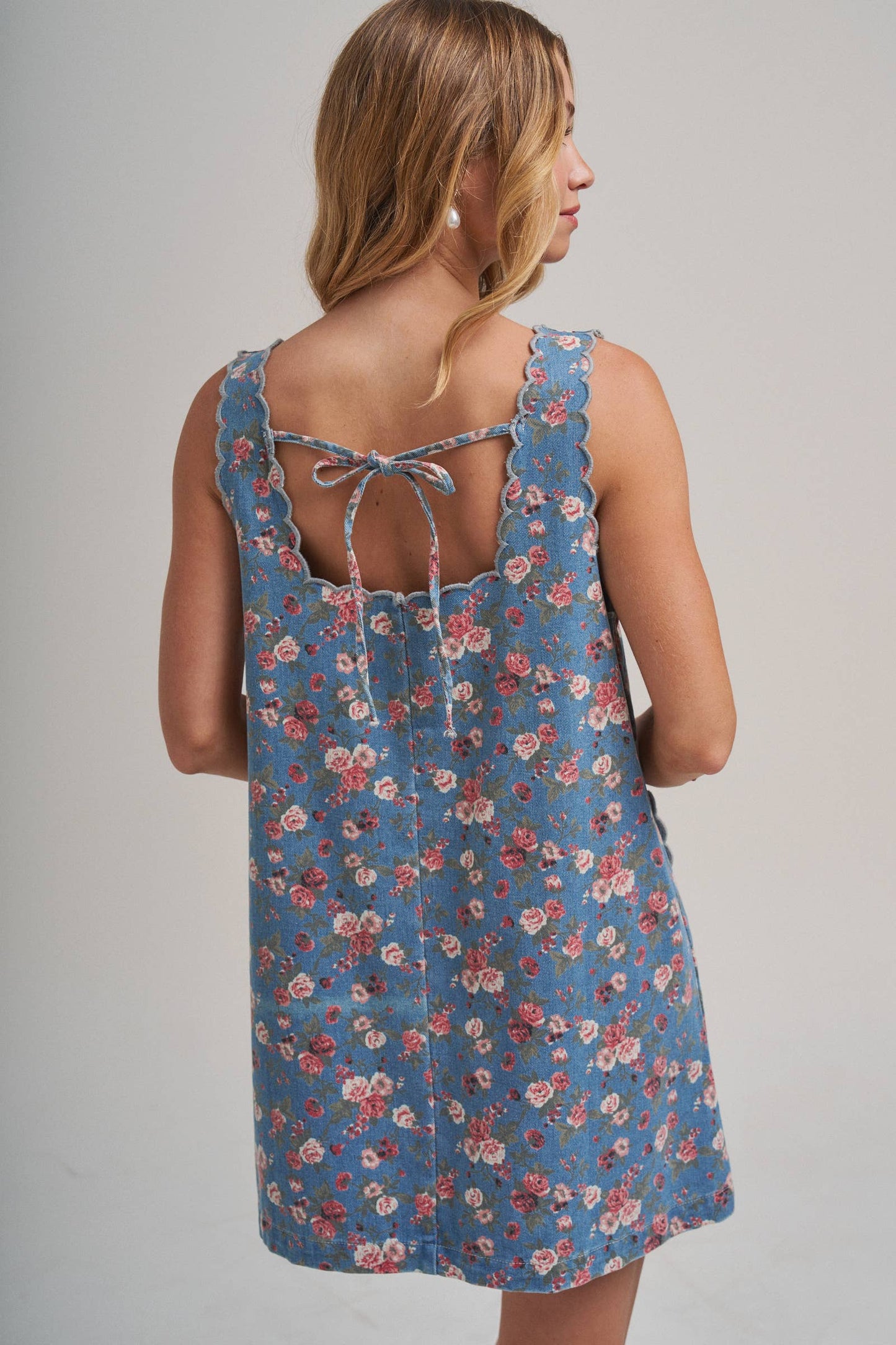 FLORAL DENIM MINI DRESS WITH SCALLOPED EMBROIDERY DETAIL
