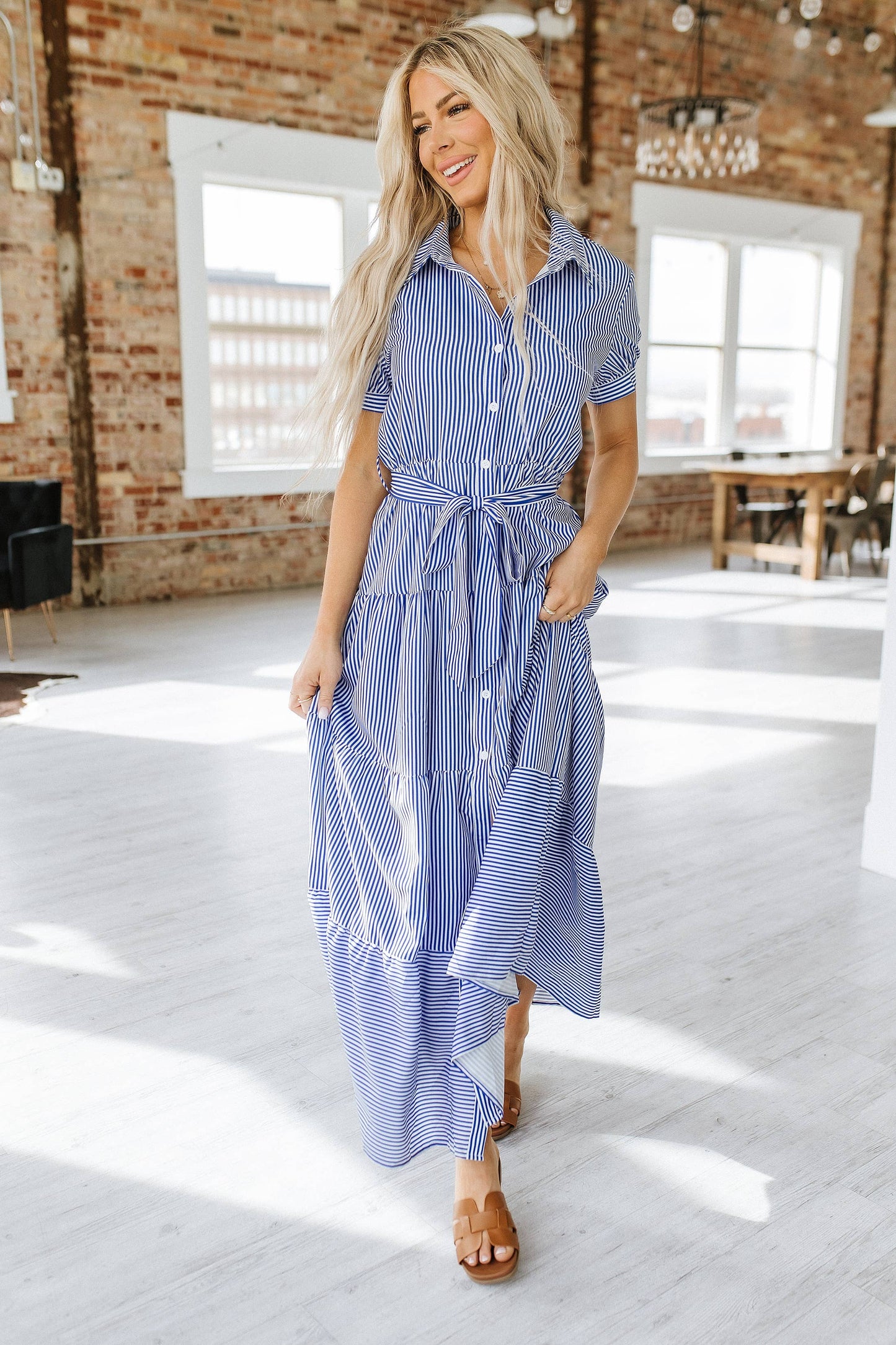 Blue Stripe Button Front Maxi Dress