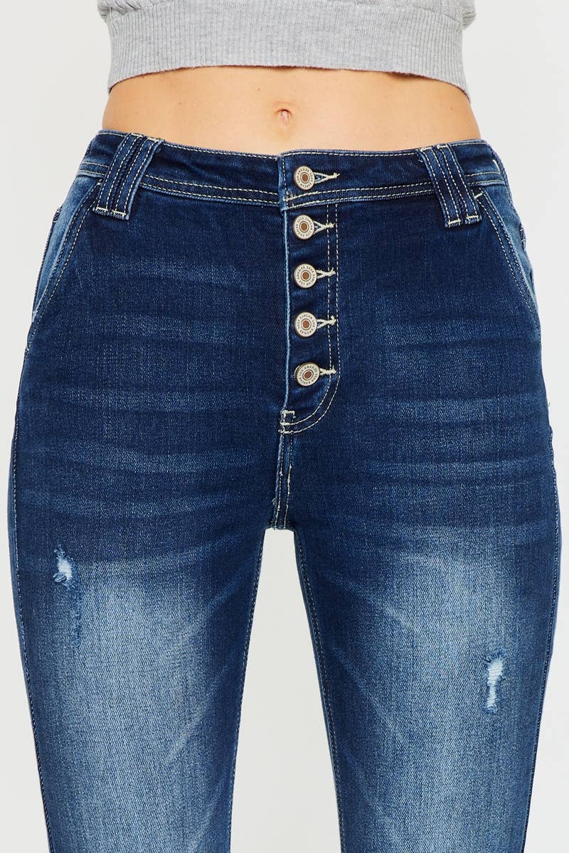 HIGH RISE EXPOSED BUTTON FLARE DARK STONE WASH