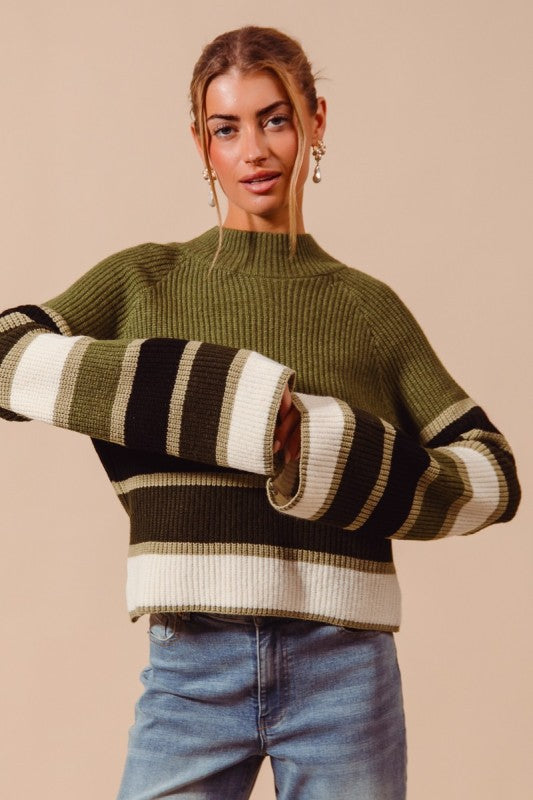 multi Color Striped Mock Neck Sweater