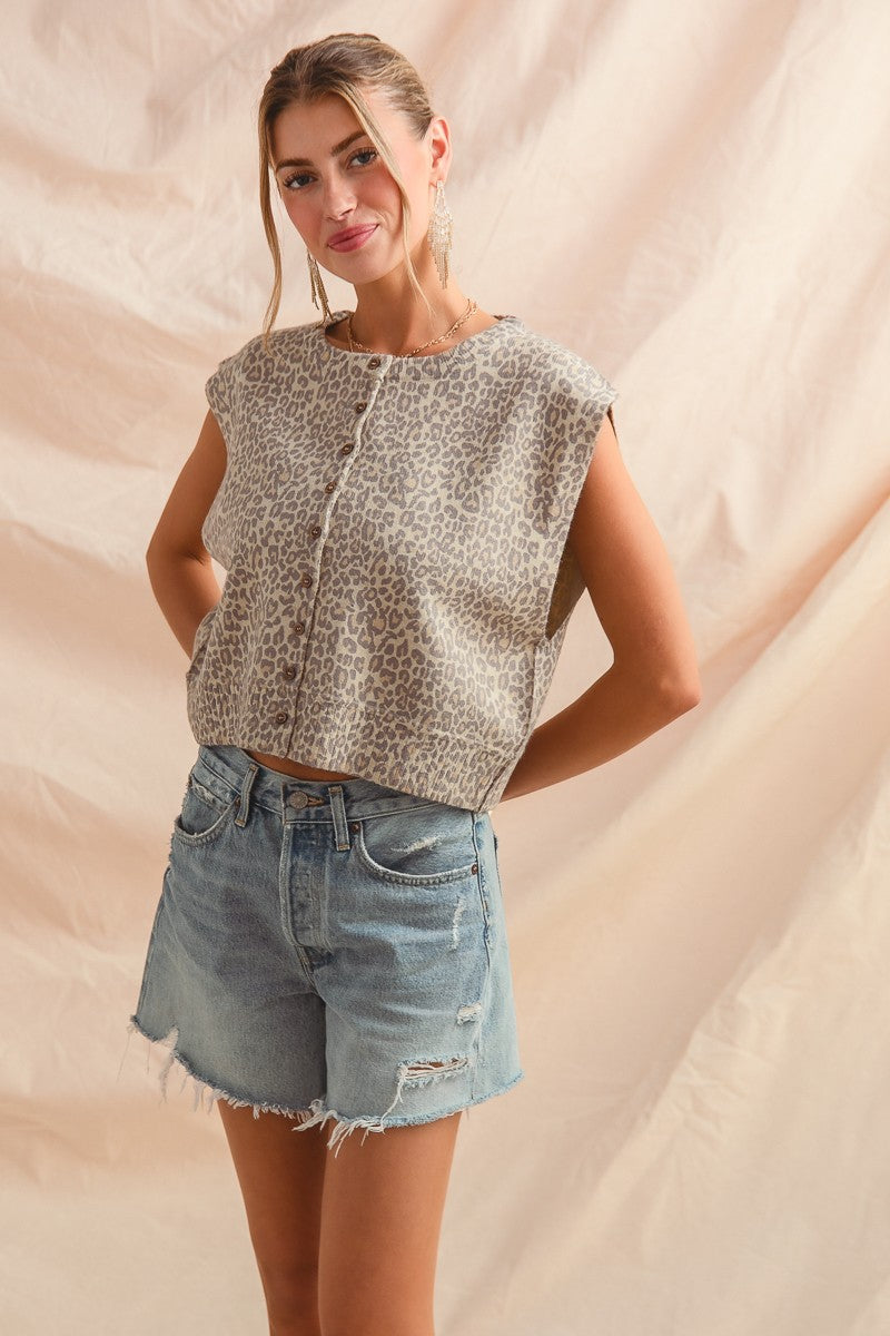 Vintage Leopard Print Button Front Vest Top