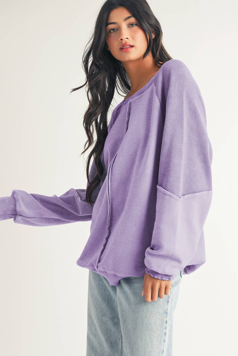 Waffle Knit Exposed Seam Crewneck Sweatshirt (purple)