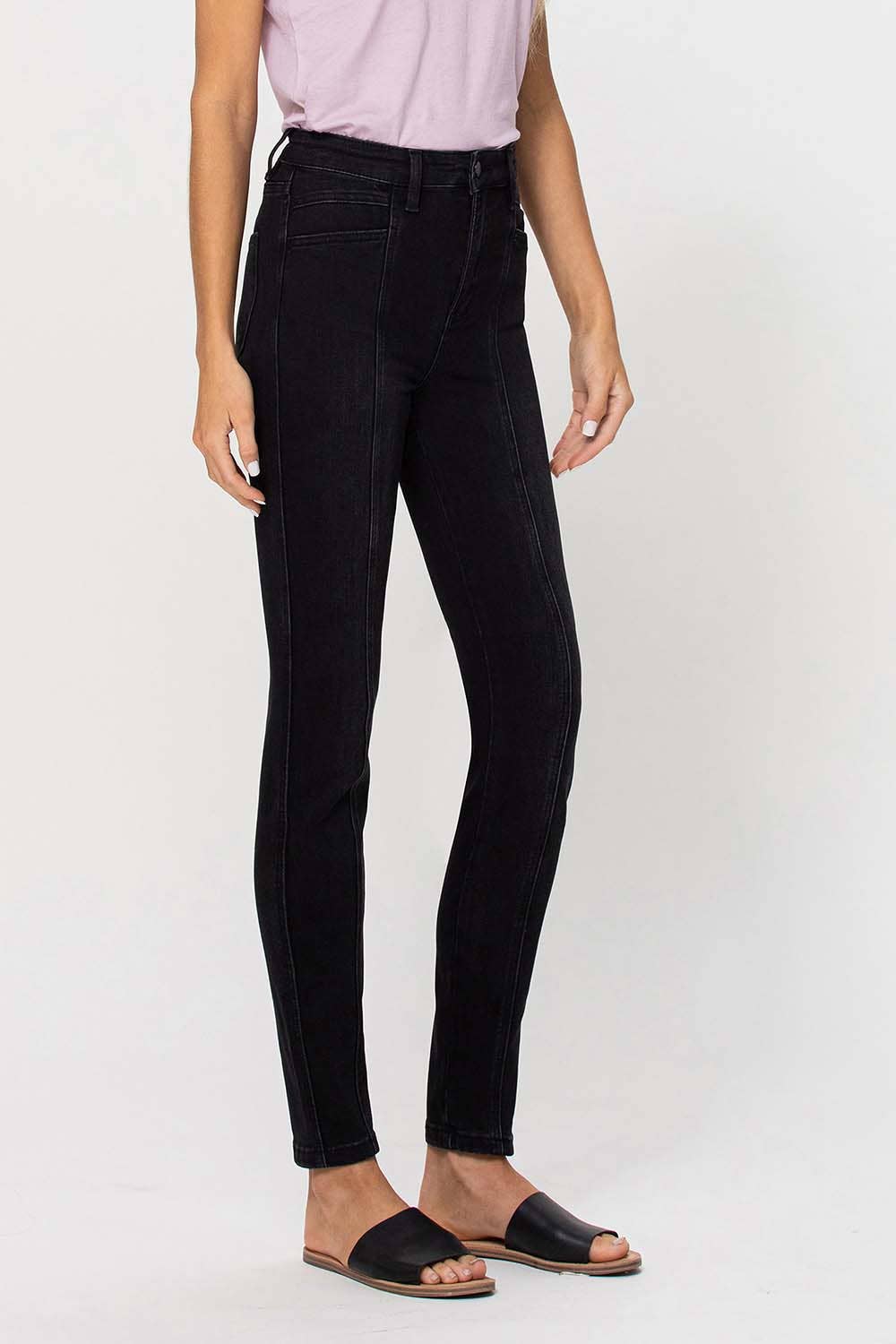 BLACK SUPER HIGH RISE CUT SEAM DETAIL SKINNY JEANS