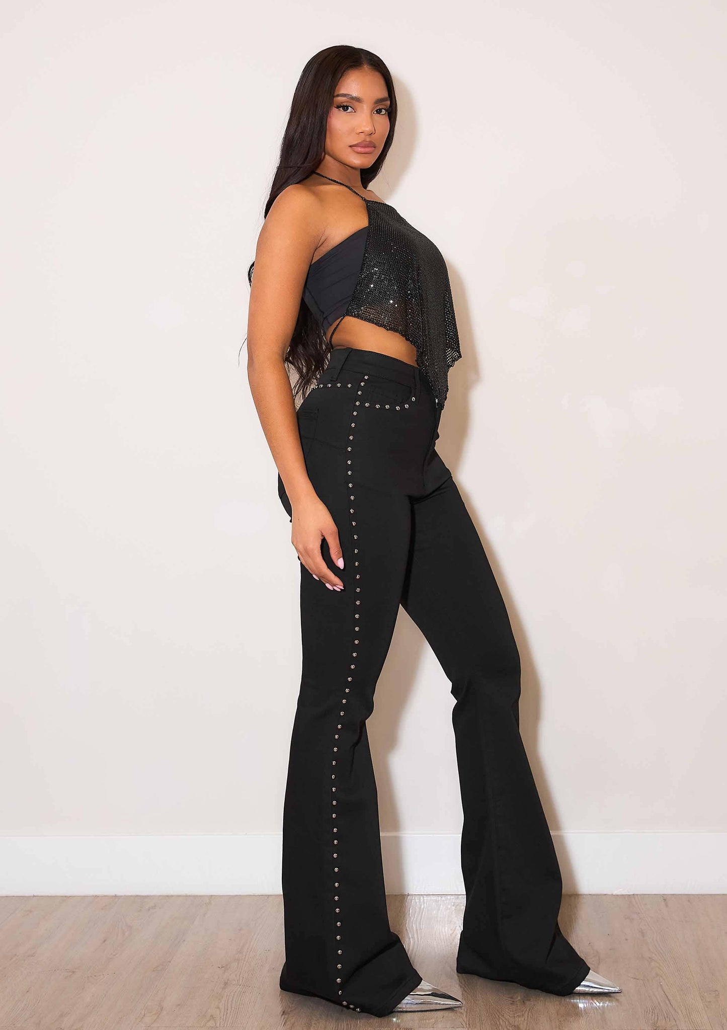 Black High-Rise Flare Jeans With Studs