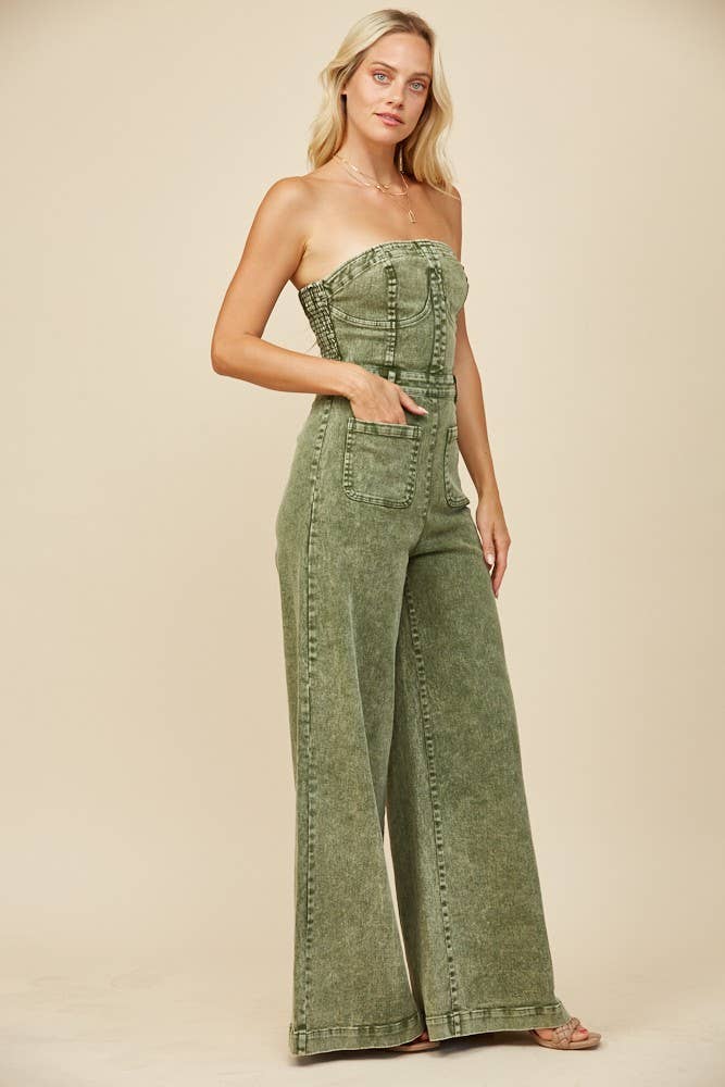 BOHO MINERAL WASH WIDE LEG DENIM JUMPSUITOLIVE