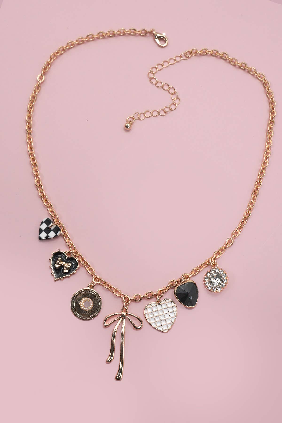 CHARM BOW CHECKER HEART RHINESTONE