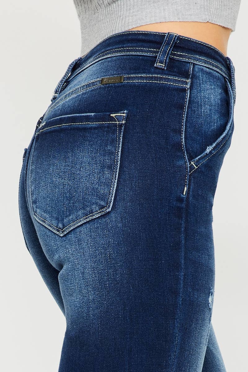 HIGH RISE EXPOSED BUTTON FLARE DARK STONE WASH