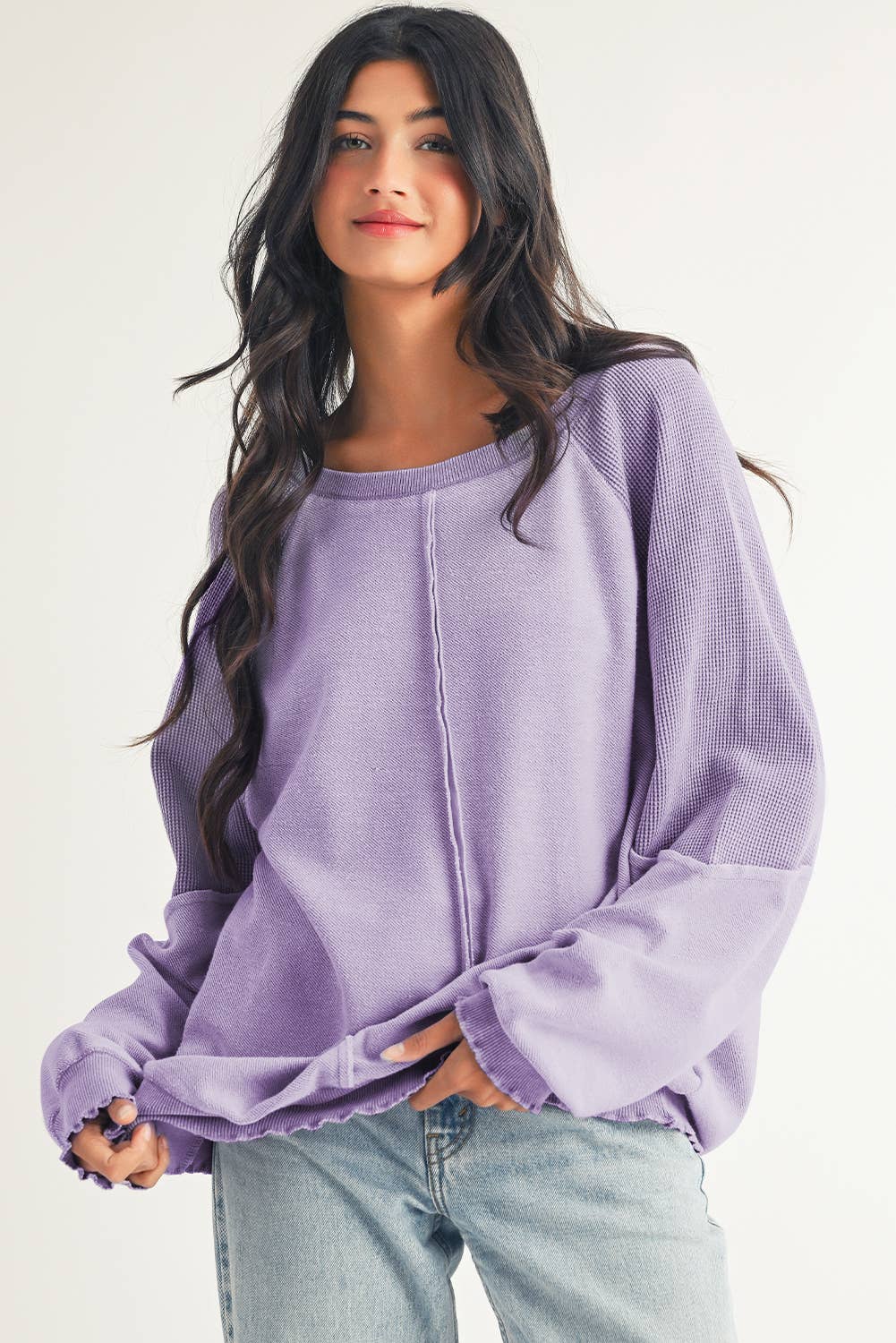 Waffle Knit Exposed Seam Crewneck Sweatshirt (purple)