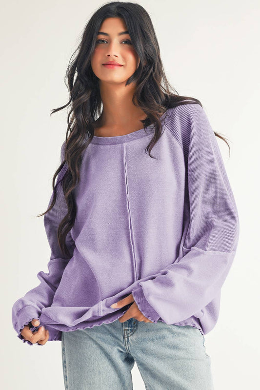 Waffle Knit Exposed Seam Crewneck Sweatshirt (purple)