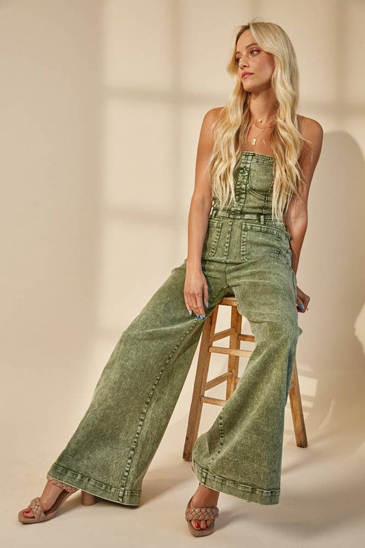 BOHO MINERAL WASH WIDE LEG DENIM JUMPSUITOLIVE