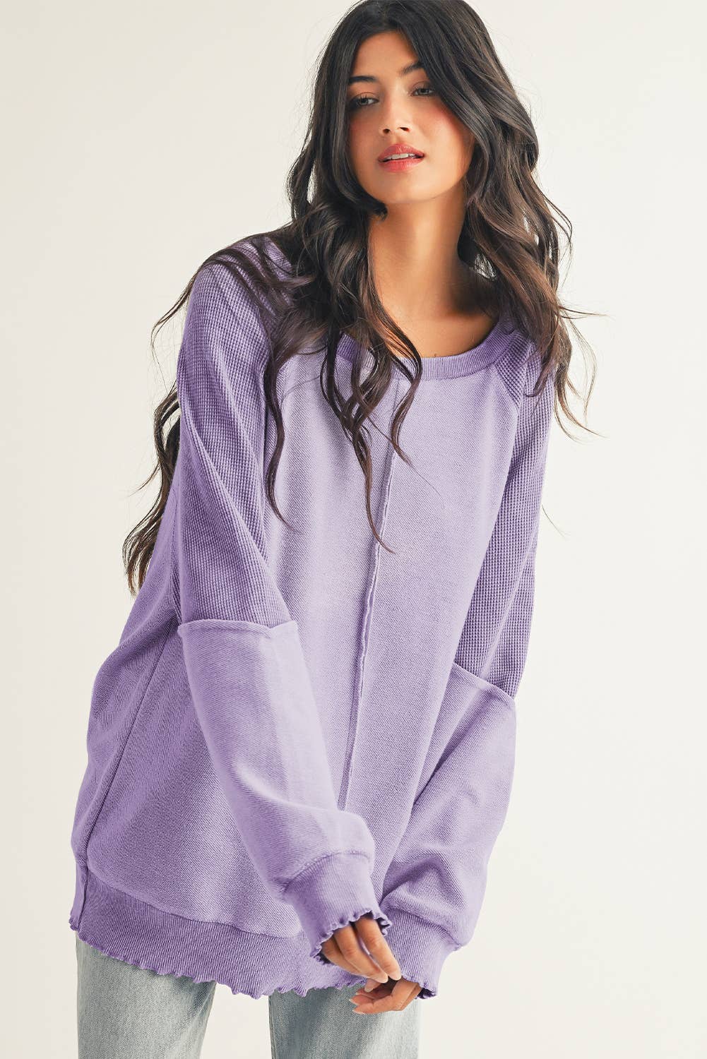 Waffle Knit Exposed Seam Crewneck Sweatshirt (purple)