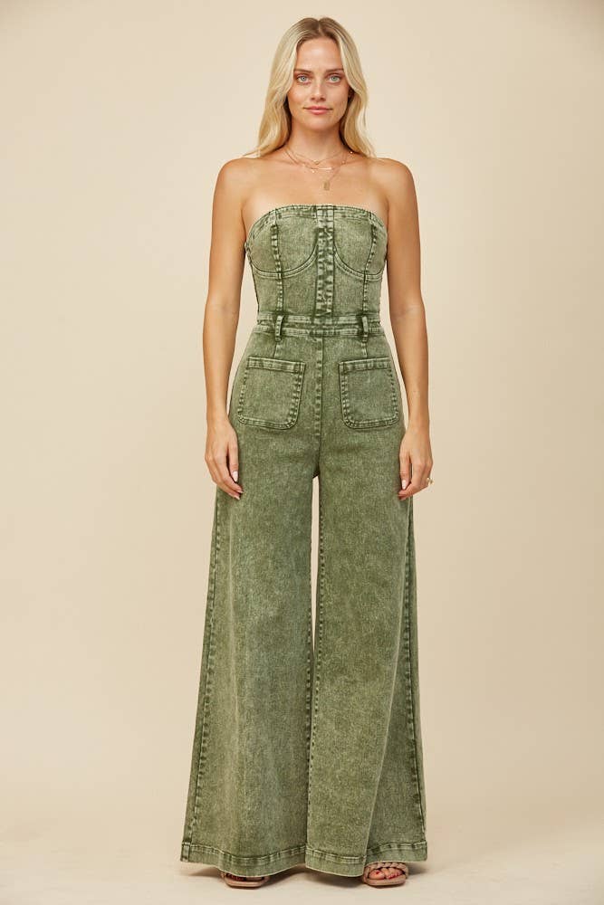 BOHO MINERAL WASH WIDE LEG DENIM JUMPSUITOLIVE