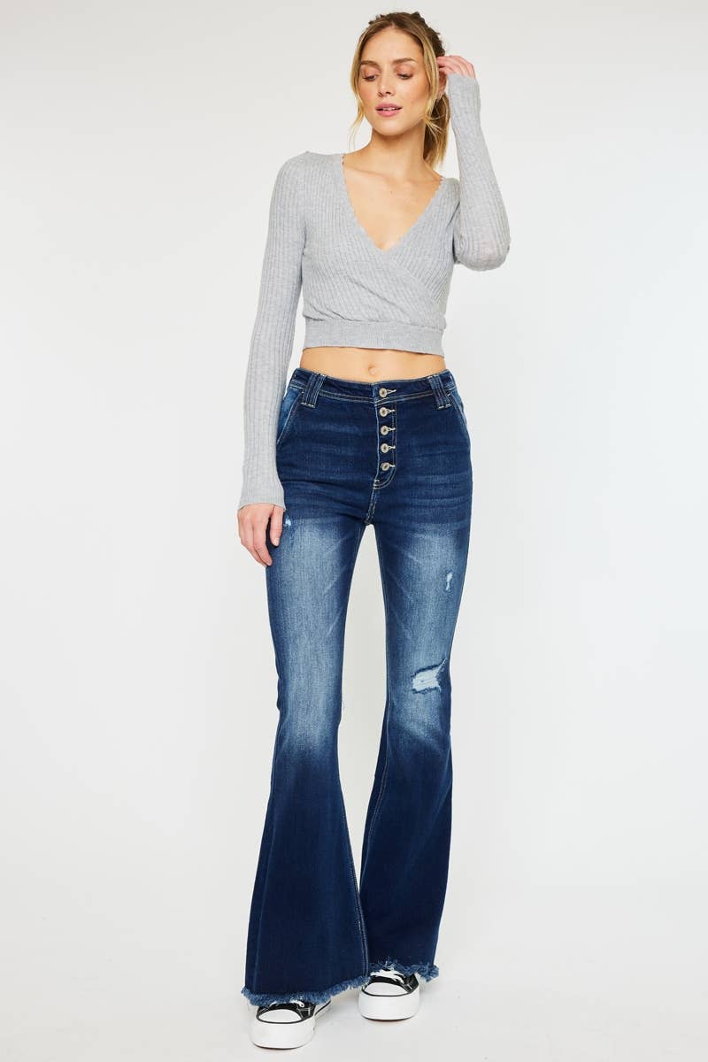 HIGH RISE EXPOSED BUTTON FLARE DARK STONE WASH