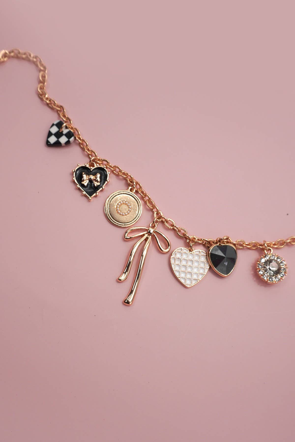 CHARM BOW CHECKER HEART RHINESTONE