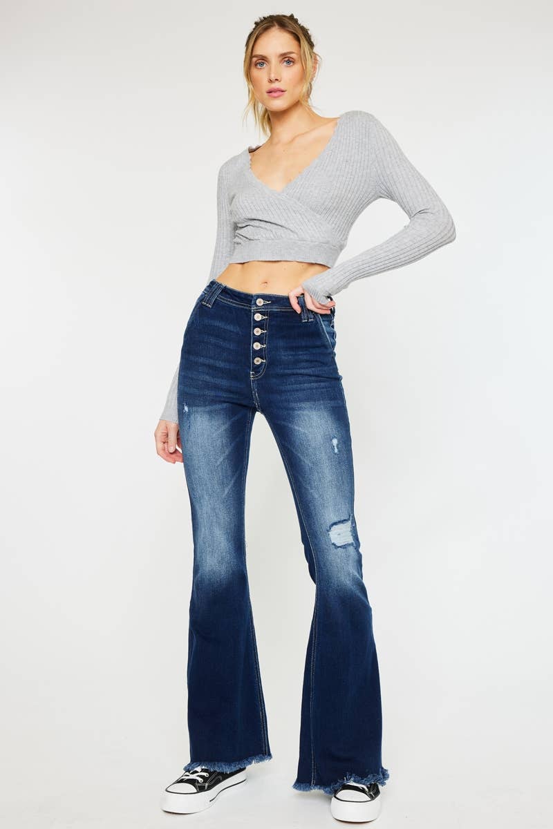 HIGH RISE EXPOSED BUTTON FLARE DARK STONE WASH