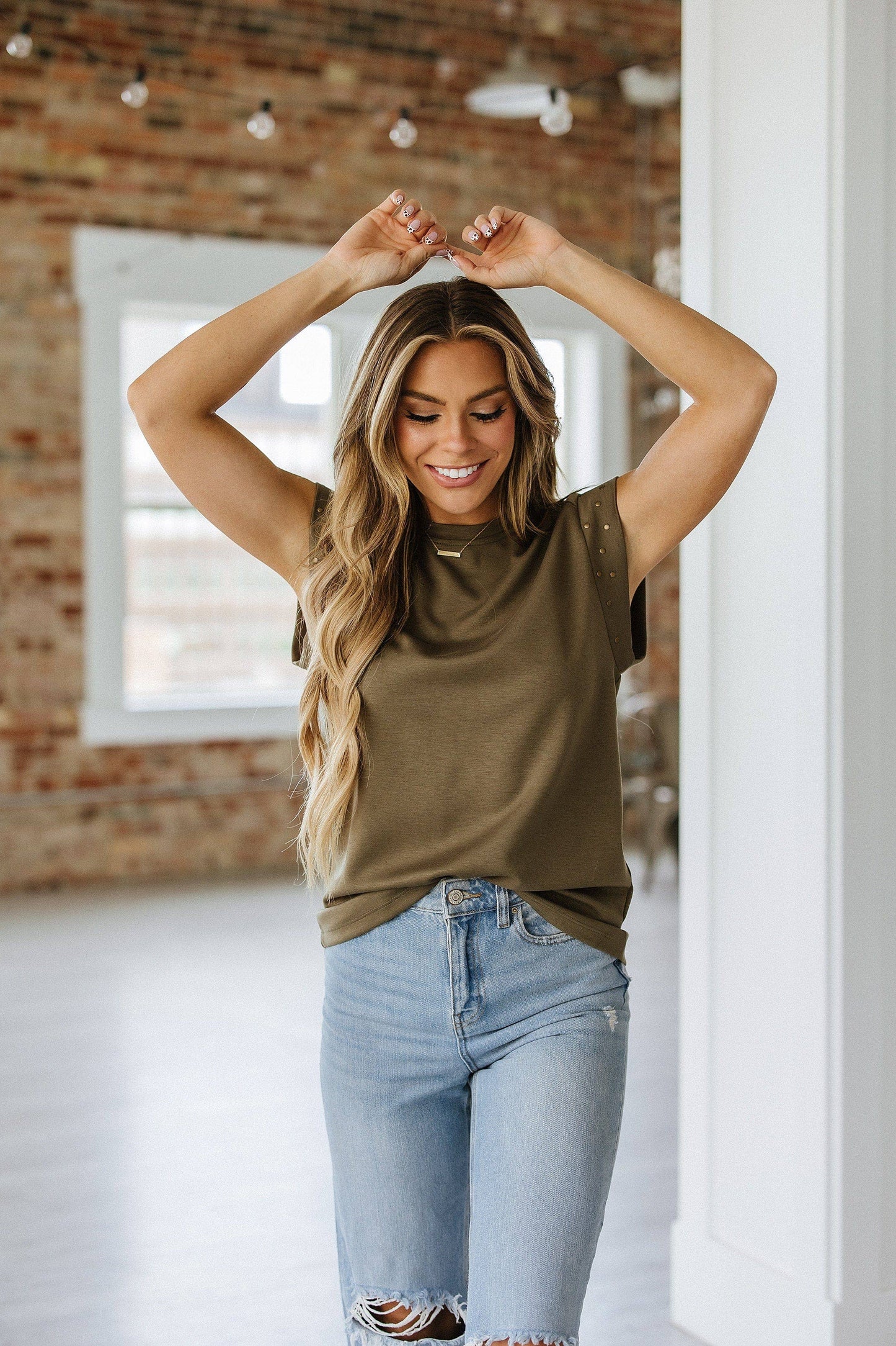 Army Green Casual Studded Top