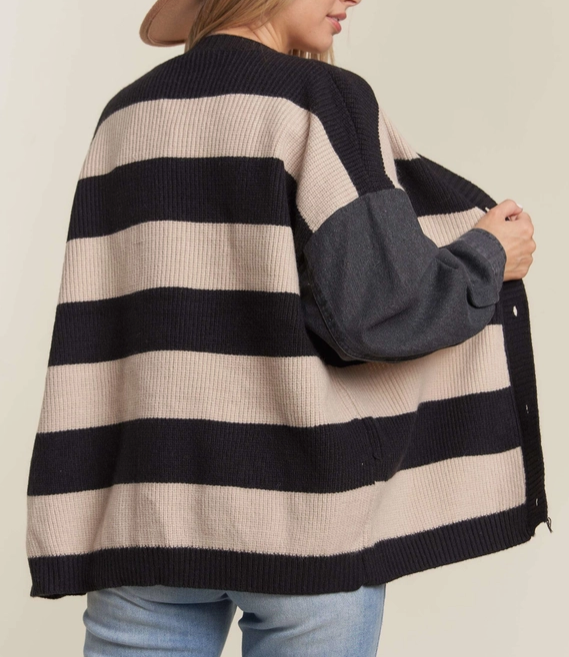 Denim Sleeve Stripe Sweater Cardigan