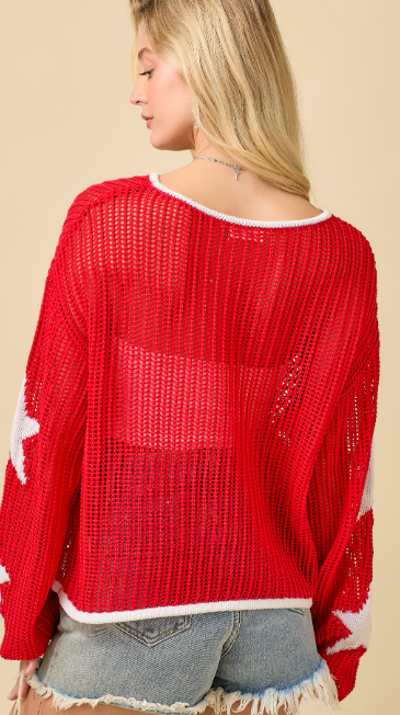 Red Star Boat Neck Crochet Sweater Knit Top