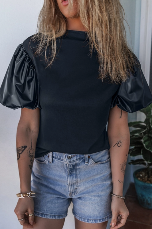 Black Leather Puff Sleeve Shirt