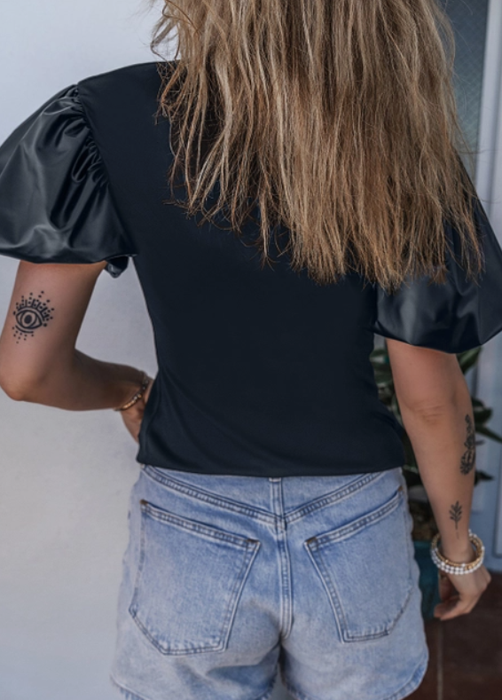 Black Leather Puff Sleeve Shirt
