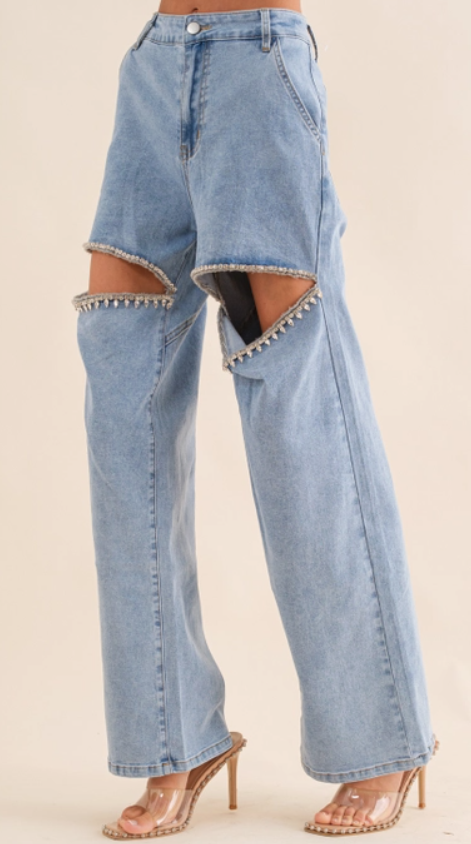 Rhinestone Cut Out Denim Jeans