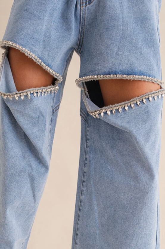 Rhinestone Cut Out Denim Jeans