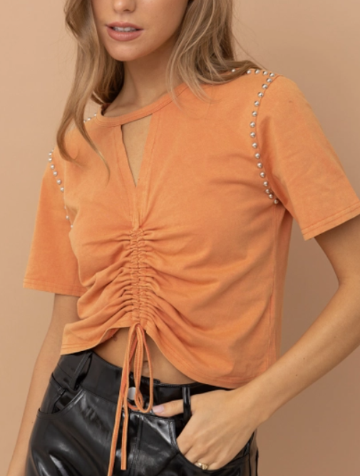 Orange Studded Cinch Tie Front Tee