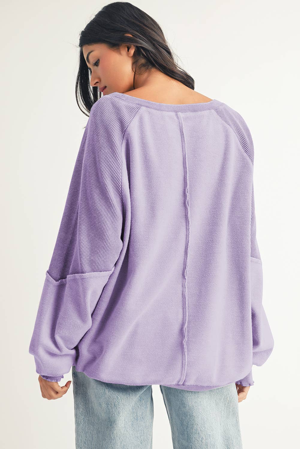 Waffle Knit Exposed Seam Crewneck Sweatshirt (purple)