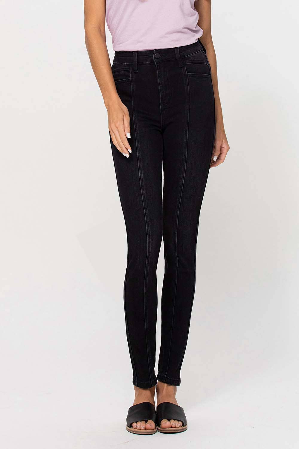 BLACK SUPER HIGH RISE CUT SEAM DETAIL SKINNY JEANS