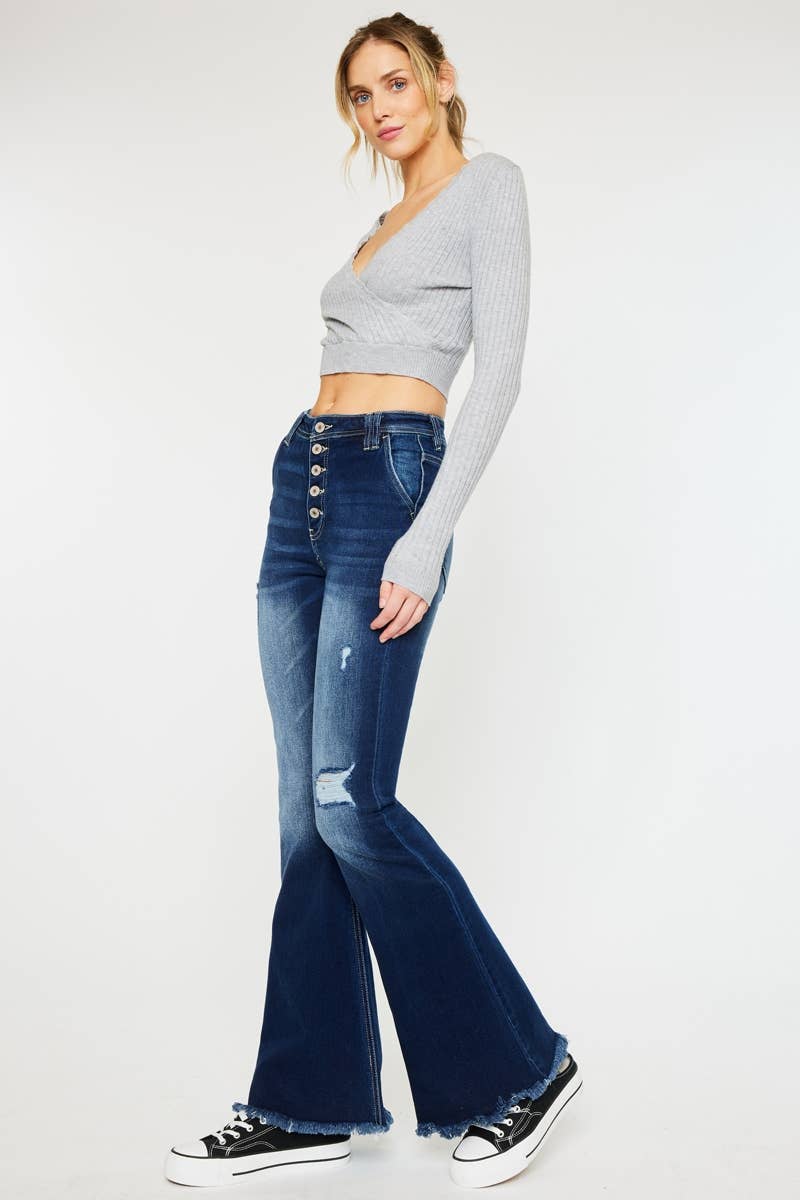 HIGH RISE EXPOSED BUTTON FLARE DARK STONE WASH