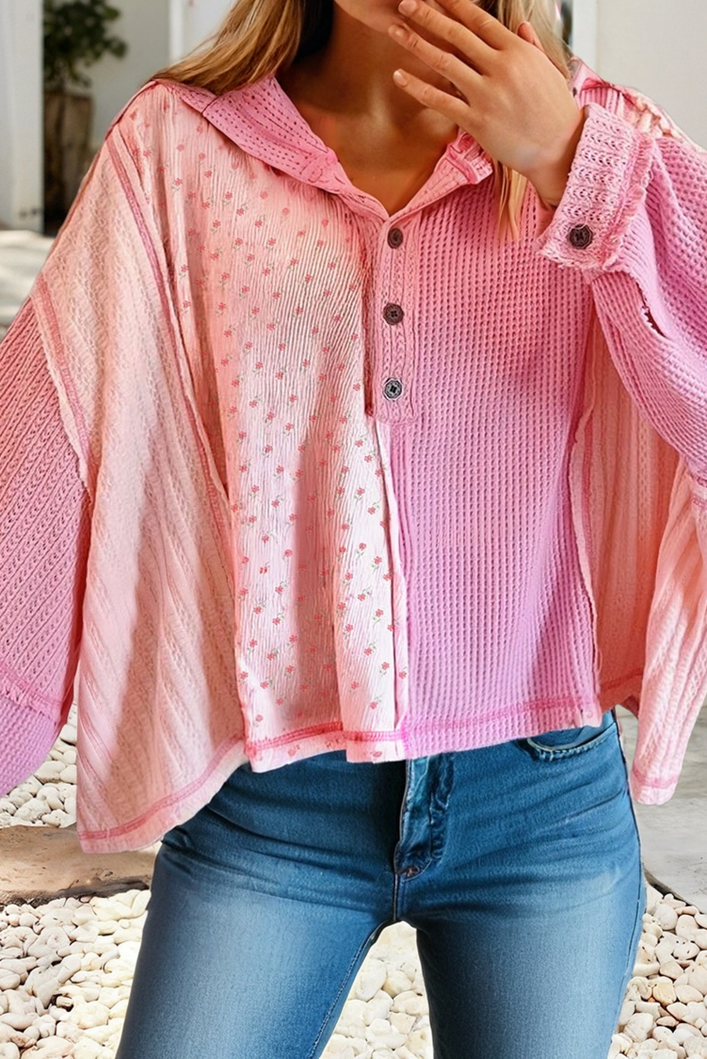 Waffle Floral Patchwork Hooded Oversize Pullover