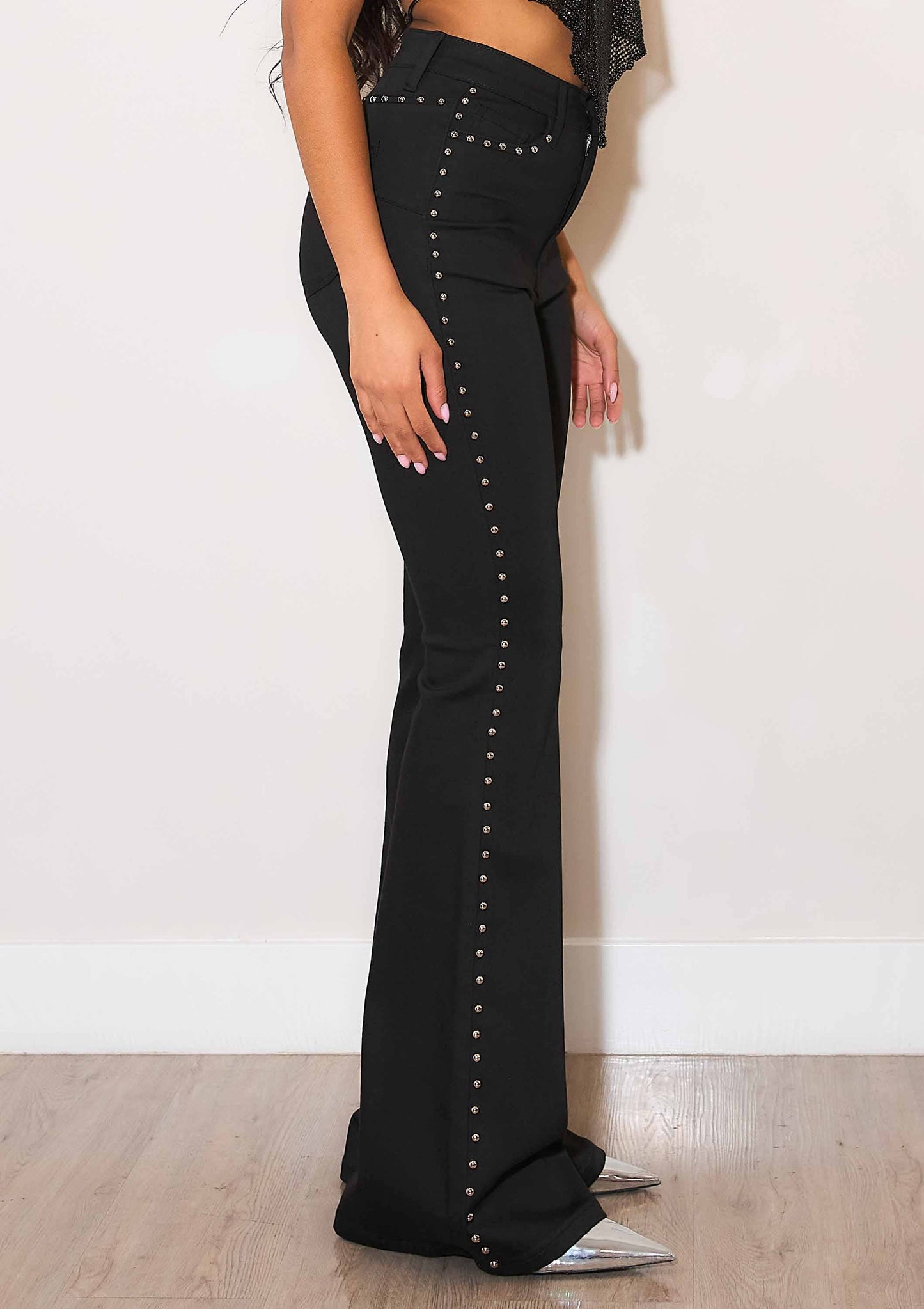 Black High-Rise Flare Jeans With Studs