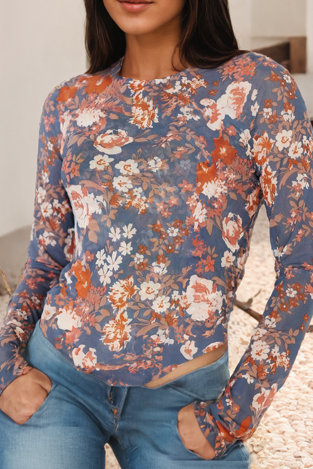 Floral Print Mesh Long Sleeve Top