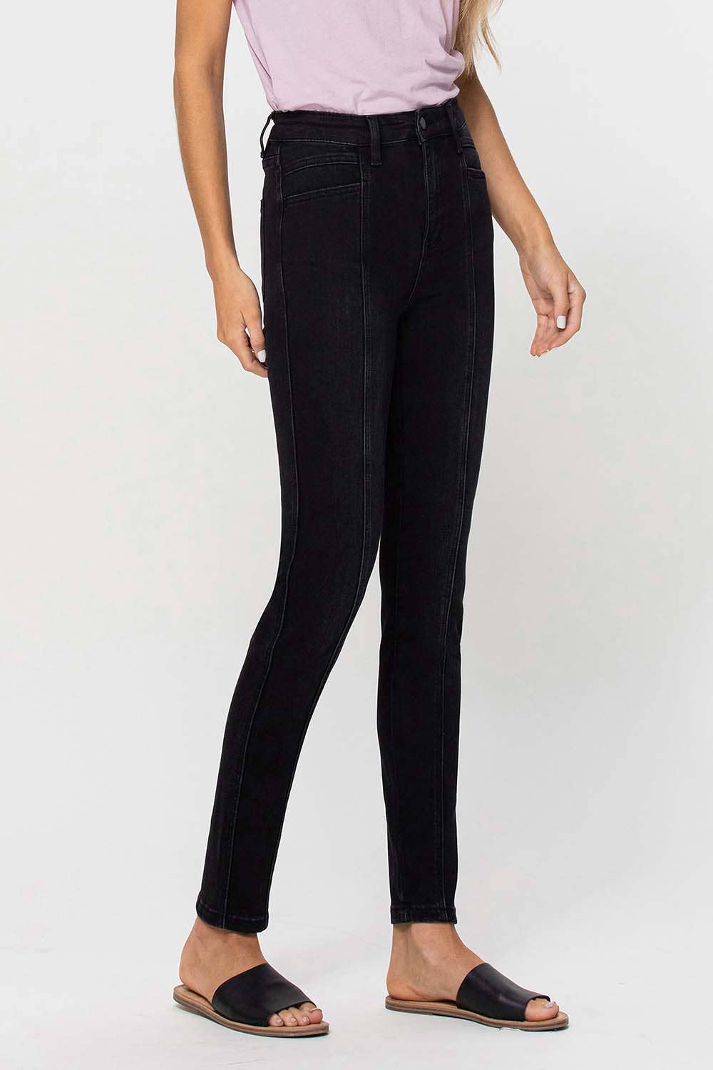 BLACK SUPER HIGH RISE CUT SEAM DETAIL SKINNY JEANS