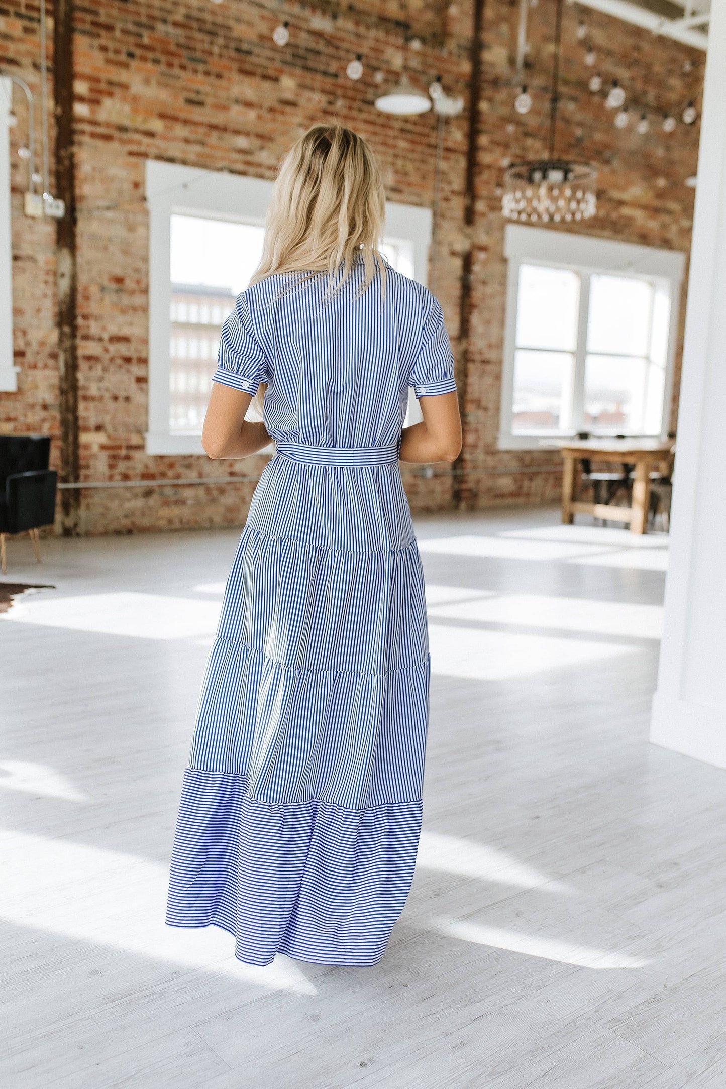 Blue Stripe Button Front Maxi Dress