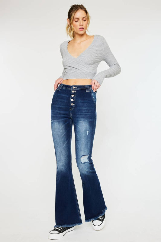 HIGH RISE EXPOSED BUTTON FLARE DARK STONE WASH