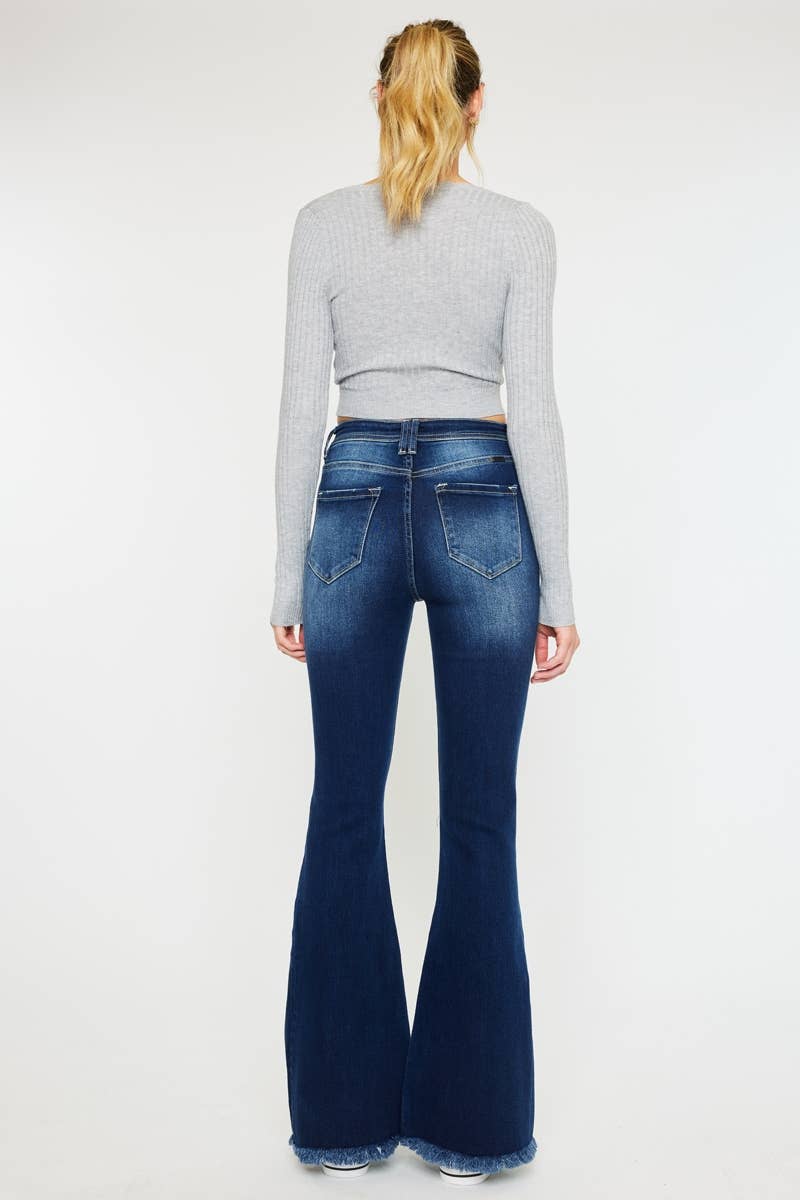 HIGH RISE EXPOSED BUTTON FLARE DARK STONE WASH