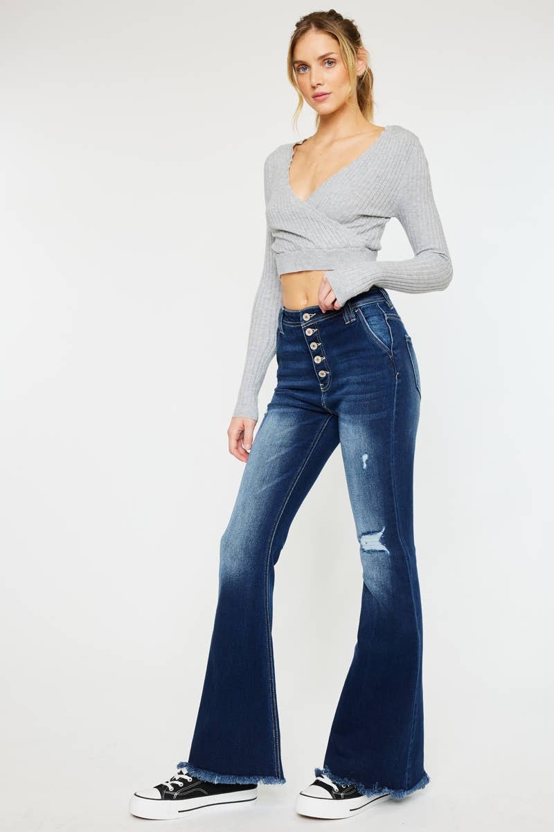 HIGH RISE EXPOSED BUTTON FLARE DARK STONE WASH