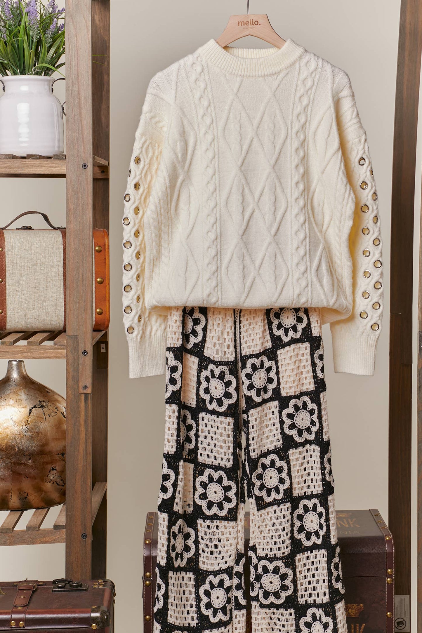 Cable Knit Sweater with Hole Trim Sleeves