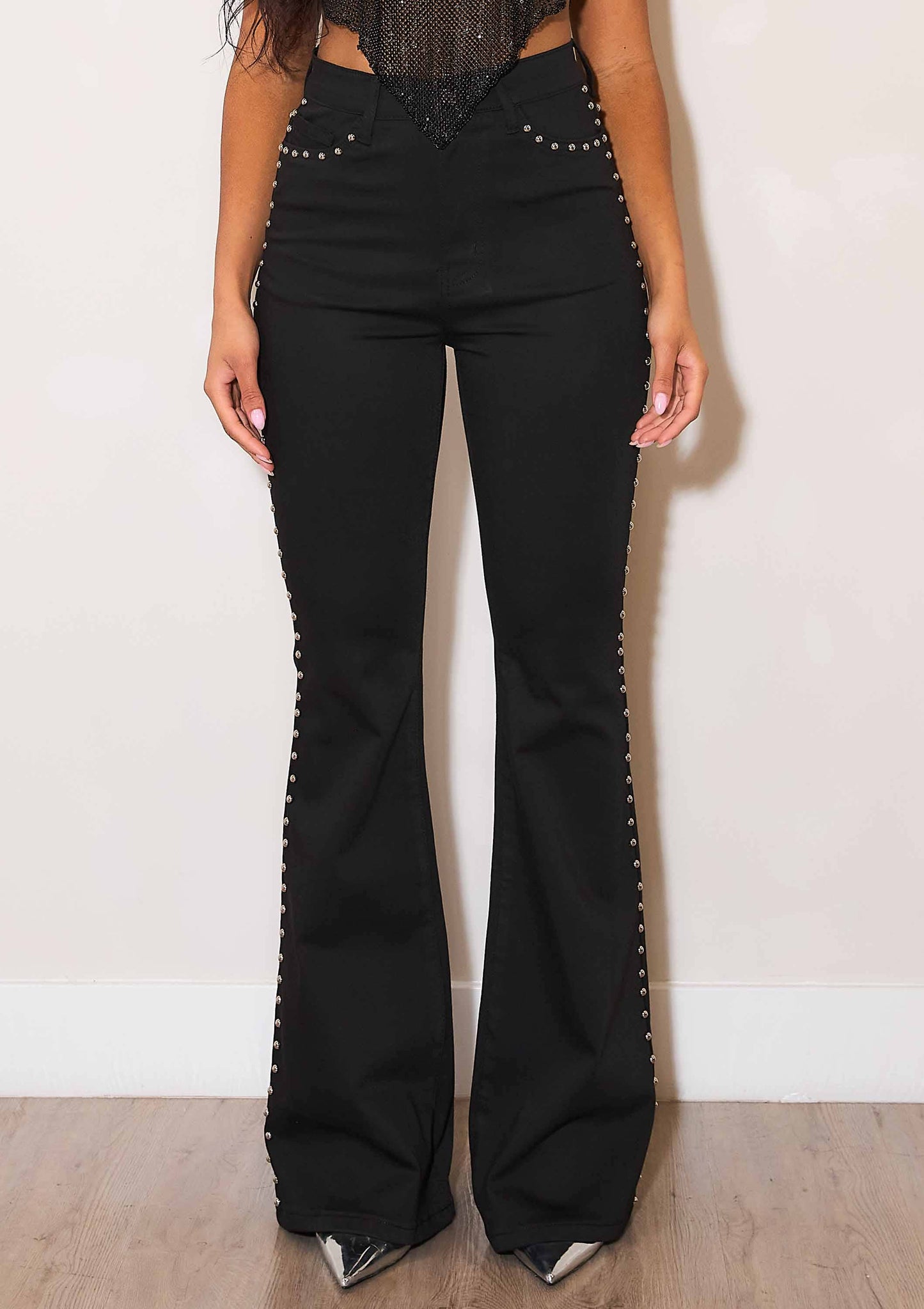 Black High-Rise Flare Jeans With Studs