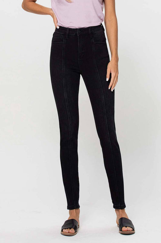 BLACK SUPER HIGH RISE CUT SEAM DETAIL SKINNY JEANS
