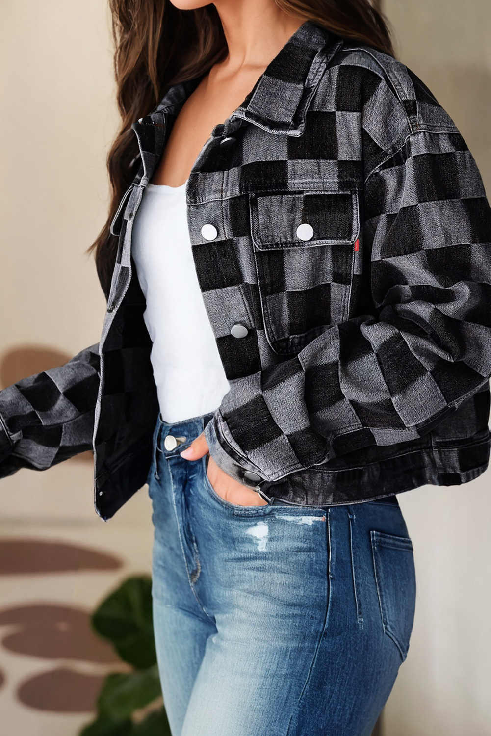 Checkered Black Denim Jacket