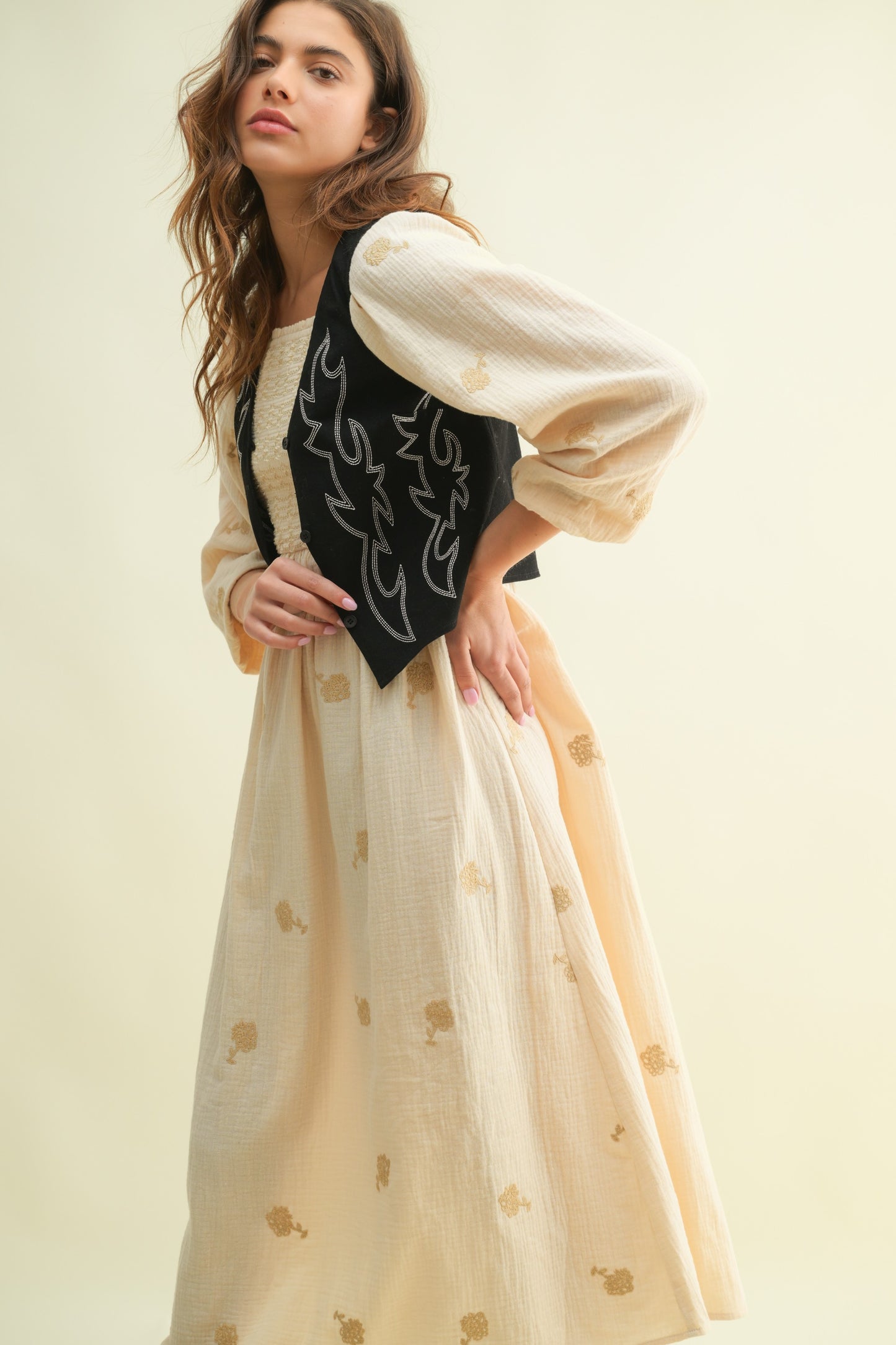 Denim Western Embroidery Design On Front Crop Vest