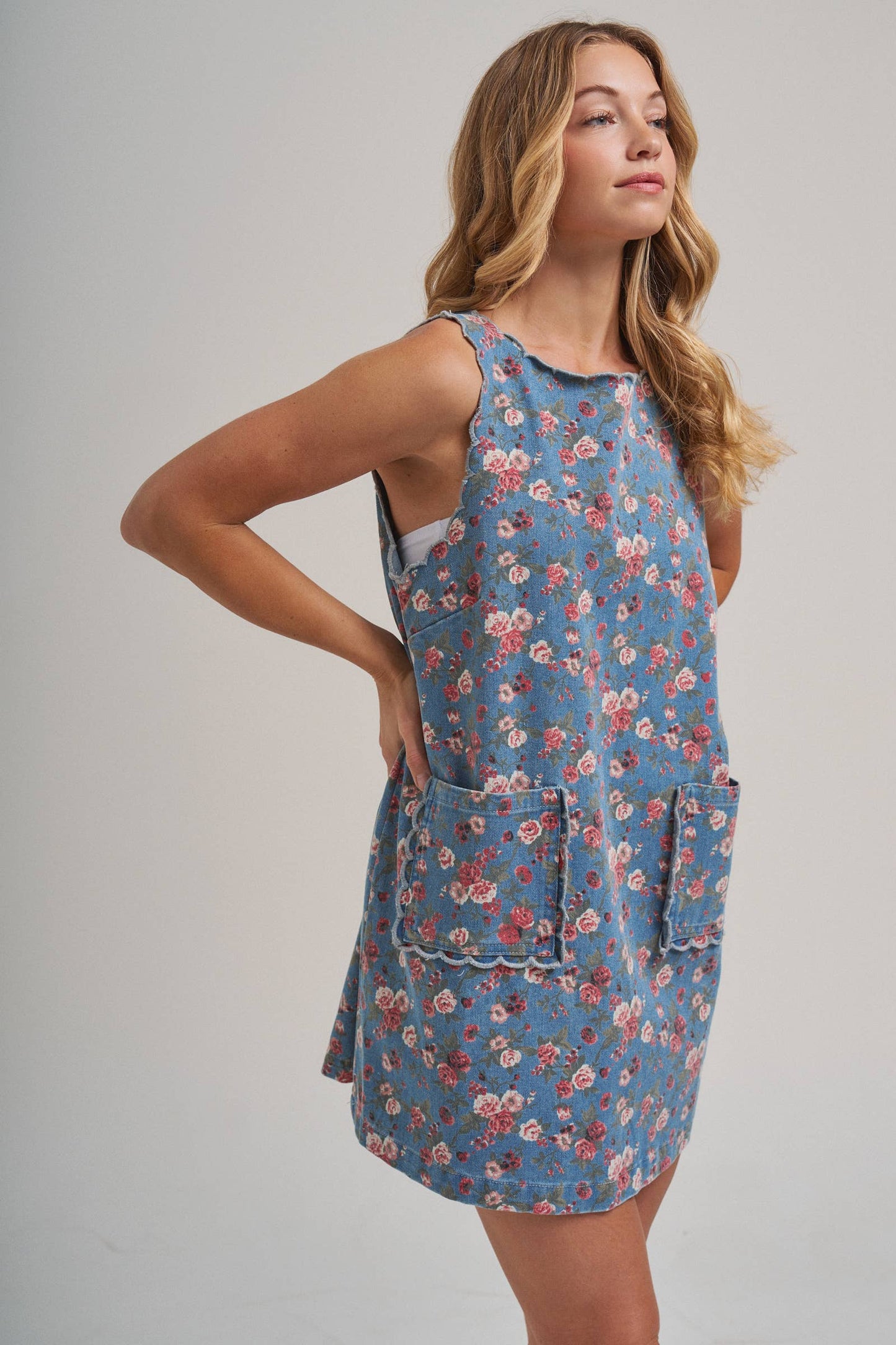 FLORAL DENIM MINI DRESS WITH SCALLOPED EMBROIDERY DETAIL