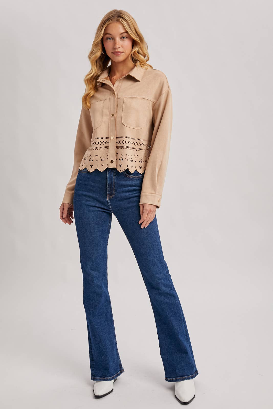 WESTERN BUTTON DOWN DIE-CUT FAUX SUEDE CROPPED JACKET