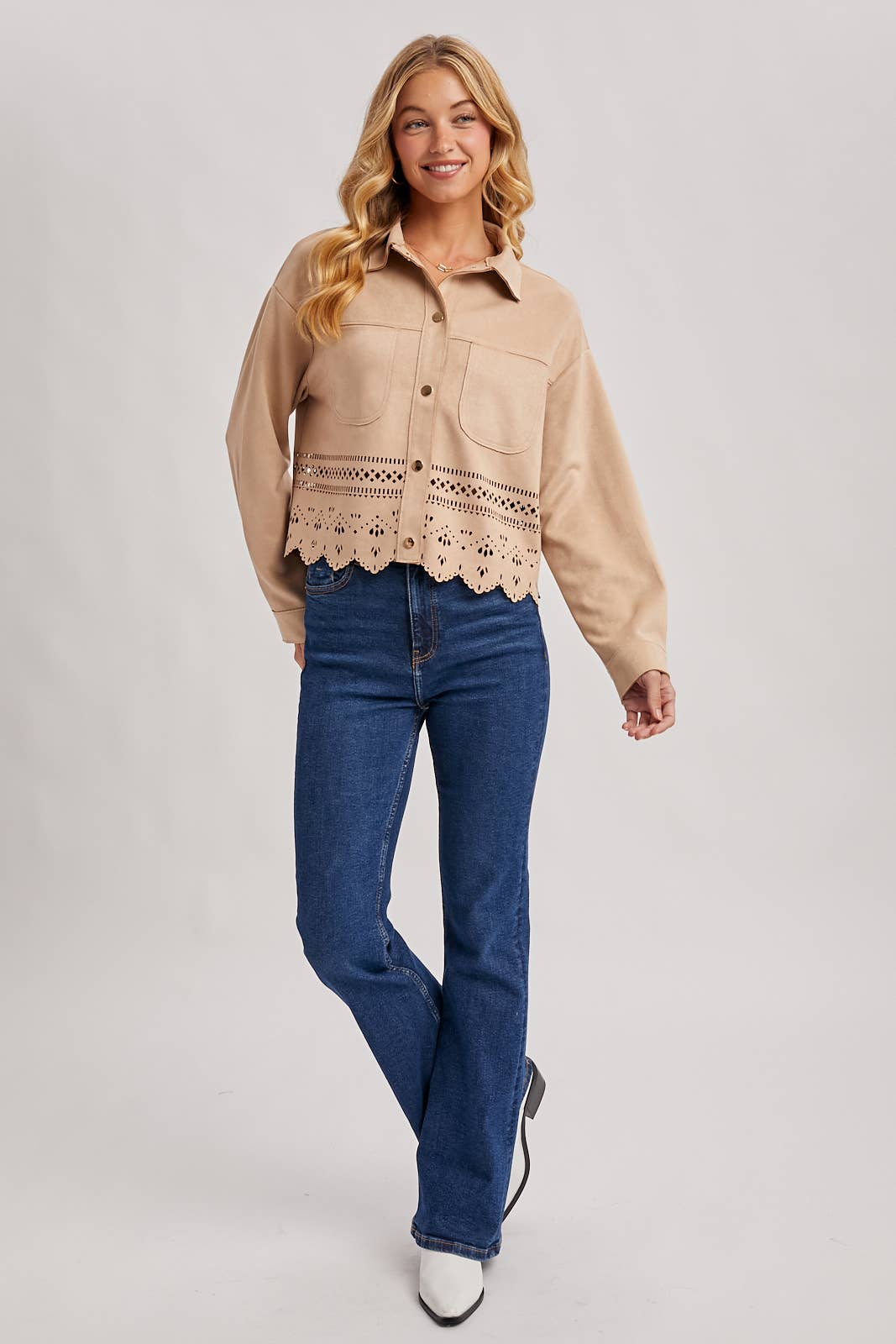 WESTERN BUTTON DOWN DIE-CUT FAUX SUEDE CROPPED JACKET
