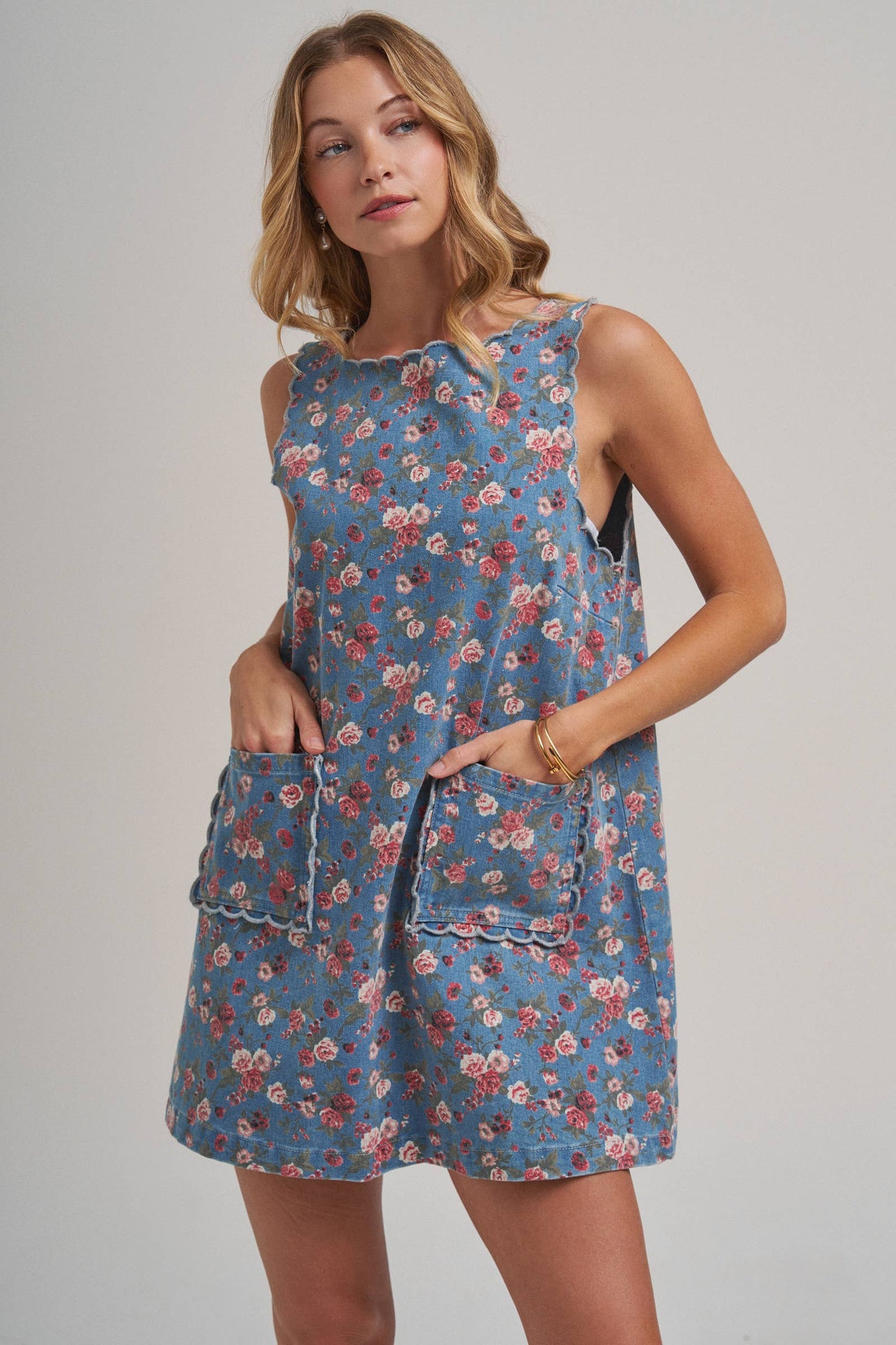 FLORAL DENIM MINI DRESS WITH SCALLOPED EMBROIDERY DETAIL
