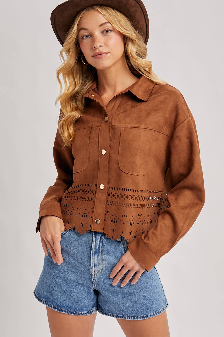 WESTERN BUTTON DOWN DIE-CUT FAUX SUEDE CROPPED JACKET